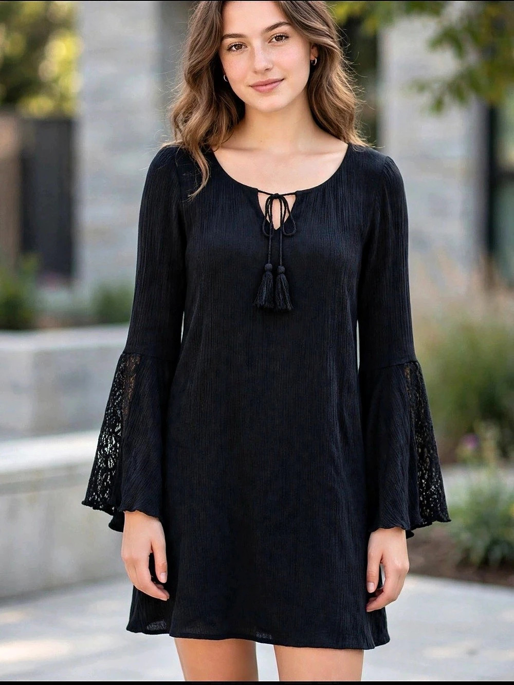 Garage Boho Gypsy Lace Bell Sleeve Black Tassel Tie Shift Swing Dress Mini Dress